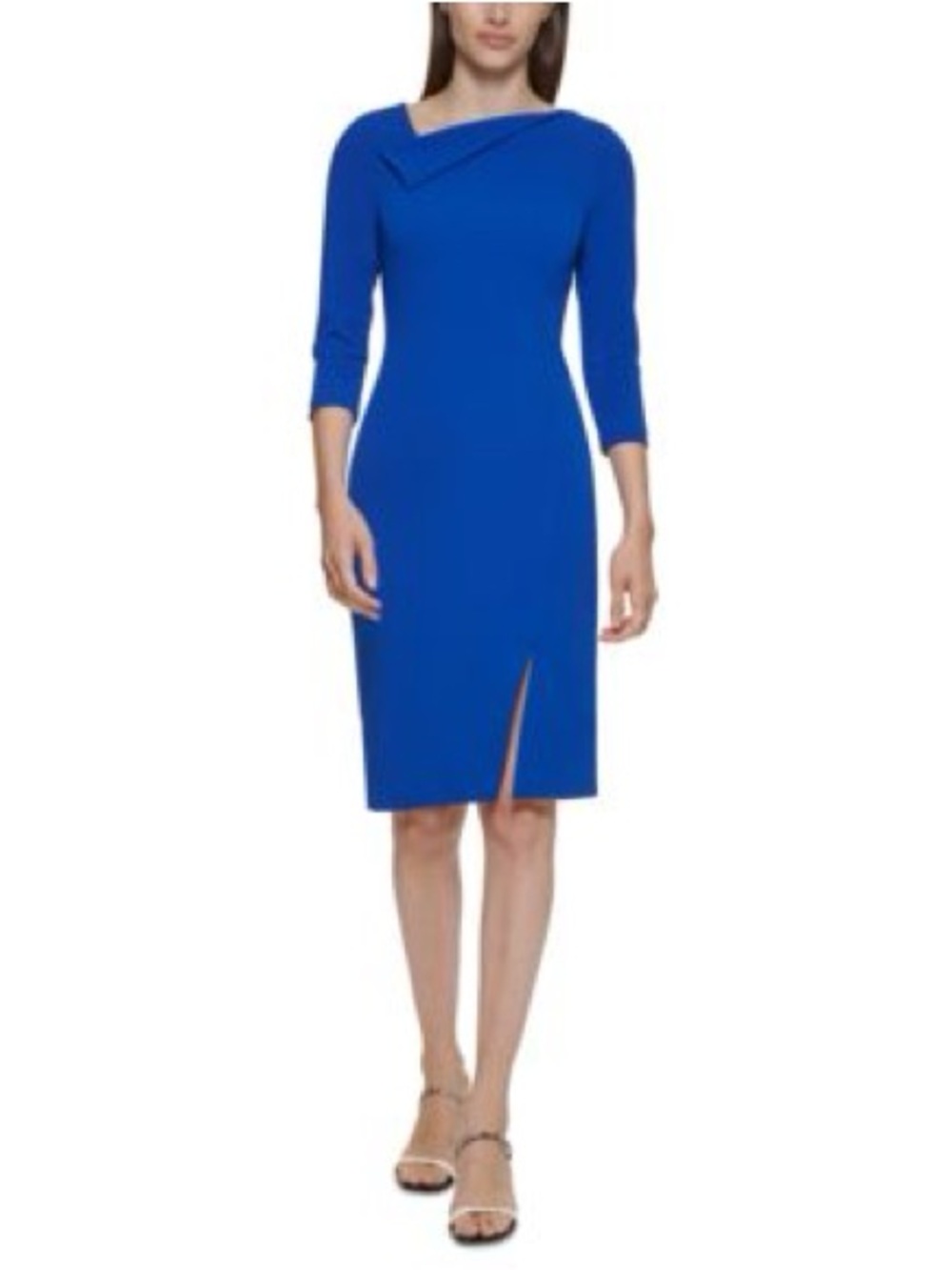 Calvin Klein Cobalt Blue Midi Sheath Dress with Asymmetric Fold